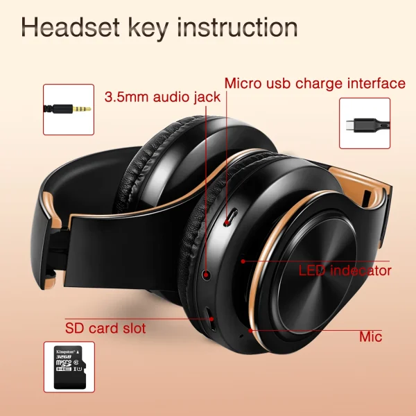 Men Gift Gold Wireless Headphones Bluetooth Earphone Stereo Headset with Build-in MIC with 3.5mm Jack for Xiaomi Samsung IPHONE - Image 6
