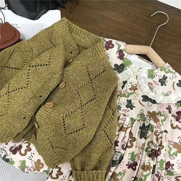 Infant Baby Girls Spring Floral Dress Outfit Solid Soft Cardigan 2PCS Clothes Set Peter Pan Collar Floral Printed Kid Girl Dress - Image 4