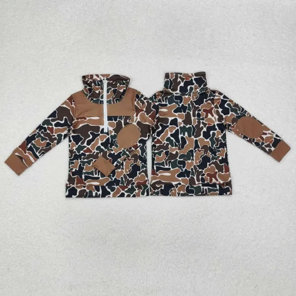 In Stock Boutique Baby Boy's Clothing Hunting Brown Camouflage Kids Zip Pullover Wholesale Long Sleeves Shirt Top For Boys