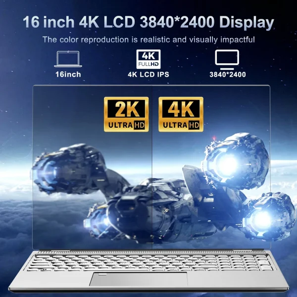 2024 New 16" Inch 4K Laptop, 120 Hz ultra-clear screen, Windows 11 Pro Portable PC Gaming notebooks 32GB 2TB fingerprint unlock - Image 4