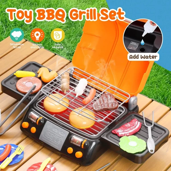 CUTE STONE 2-Layer BBQ Toy Set, Kids Grill with Food, Smoke Sound & Light, Camping BBQ Gift - Image 3