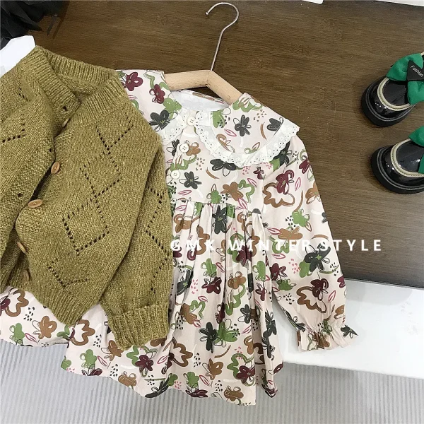 Infant Baby Girls Spring Floral Dress Outfit Solid Soft Cardigan 2PCS Clothes Set Peter Pan Collar Floral Printed Kid Girl Dress - Image 3