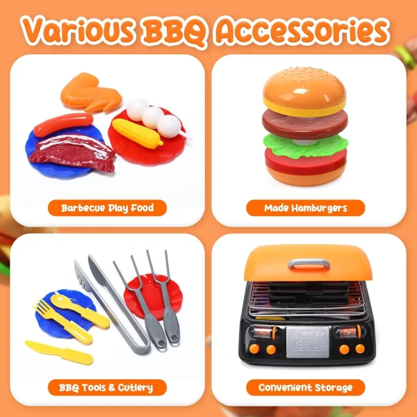 CUTE STONE 2-Layer BBQ Toy Set, Kids Grill with Food, Smoke Sound & Light, Camping BBQ Gift - Image 2