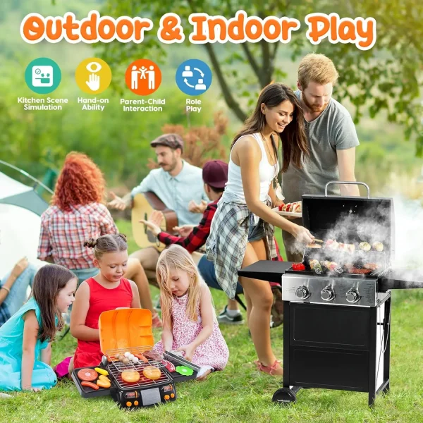 CUTE STONE 2-Layer BBQ Toy Set, Kids Grill with Food, Smoke Sound & Light, Camping BBQ Gift - Image 6