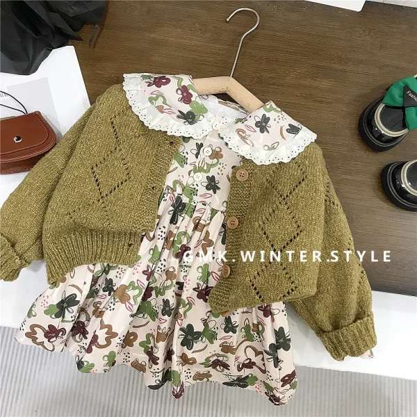 Infant Baby Girls Spring Floral Dress Outfit Solid Soft Cardigan 2PCS Clothes Set Peter Pan Collar Floral Printed Kid Girl Dress - Image 2